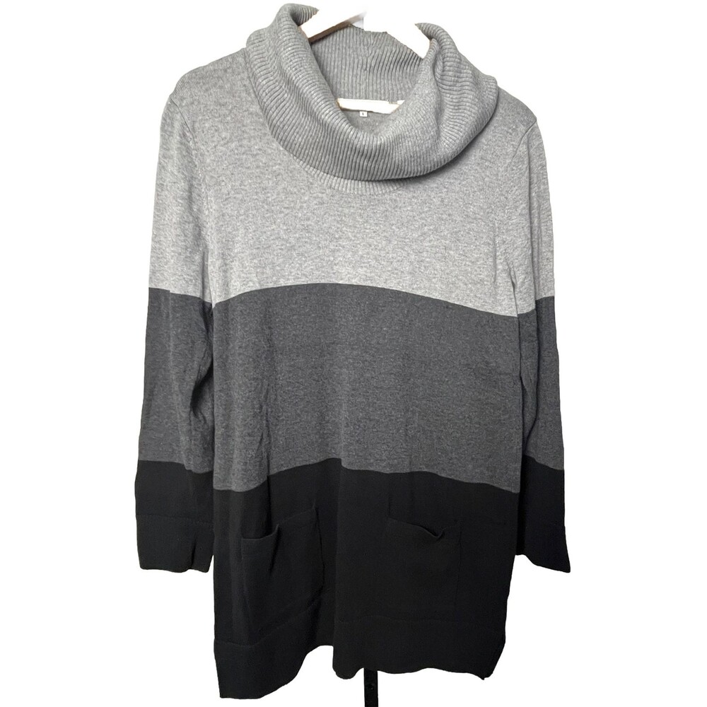 Eight Sweater Long Sleeve Tunic Cowl Neck Pockets Black Gray Stripe Large Cotton